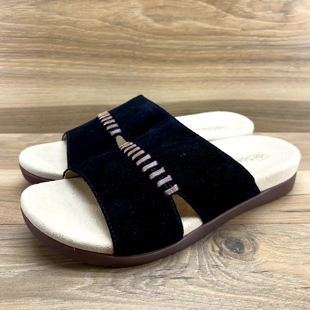 Spenco Womens Sandals 7.5 Twilight Woven Black Suede Slide Comfort‎